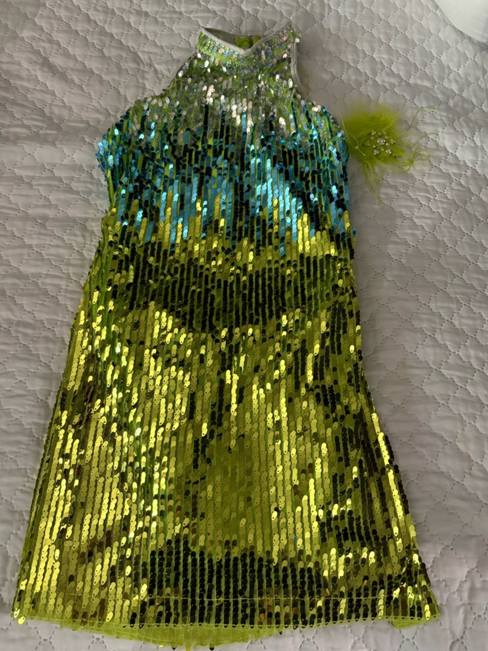 Sequined Halter Mini Dress in Lime Green with Blue Accents